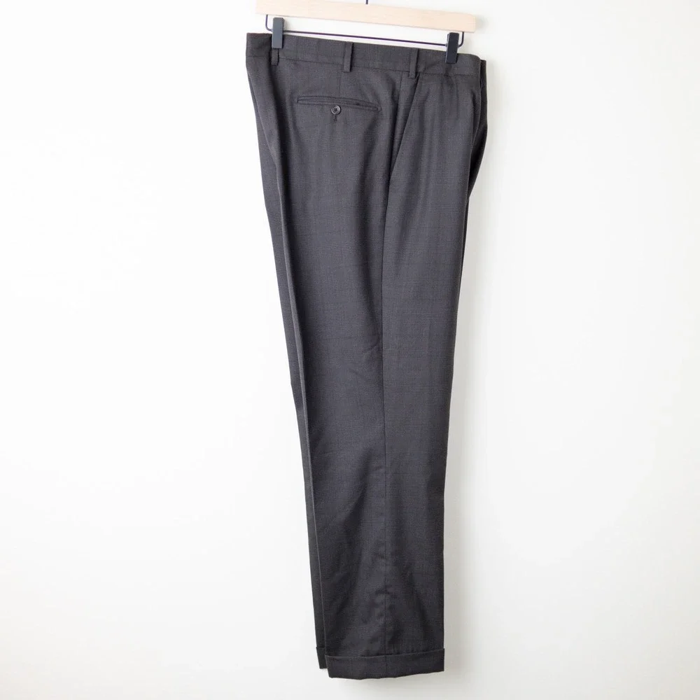 Made In Italy 100% Wool Dress Pants Gray Flat Front Mens 38 Plaid Cuff 5362 SF